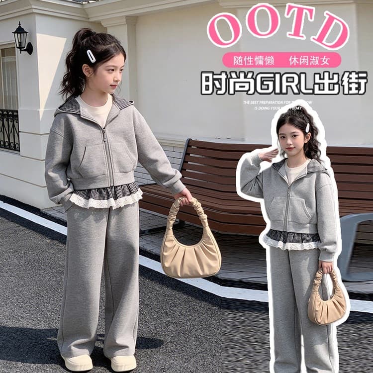 Girls Autumn Outfit Set 2026 New Trendy Plaid Patchwork Hooded Cardigan Casual Two-Piece Set for Older Kids