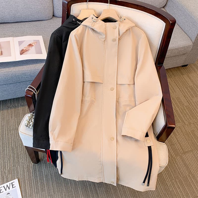 120-350 jin plus-size women's wear hooded trench coat mid-length 2025 autumn/winter new jacket casual windbreaker