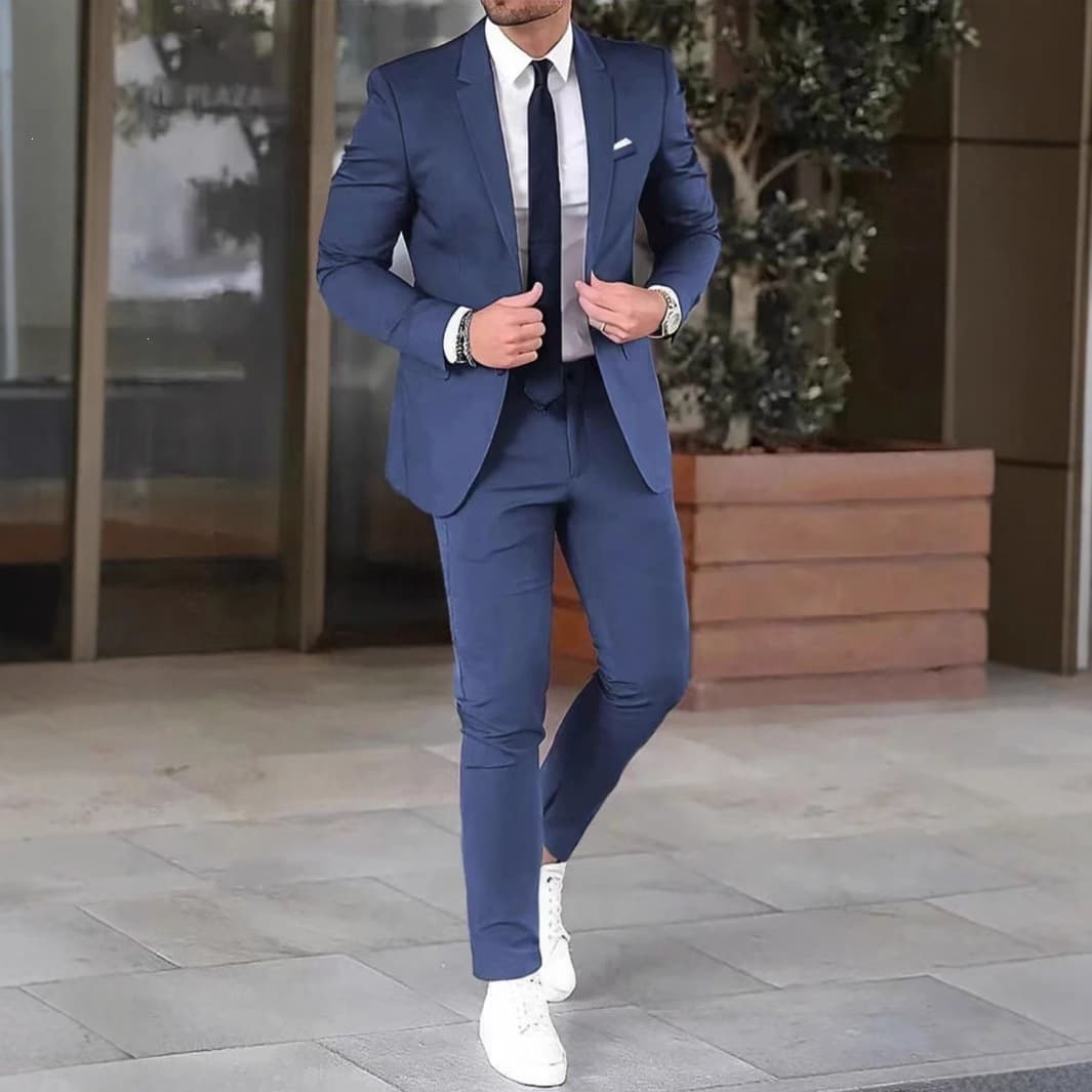 Cross-border Trade Men's Groom Suit Set Solid Slim Fit Banquet Tuxedo Suit Two-Piece