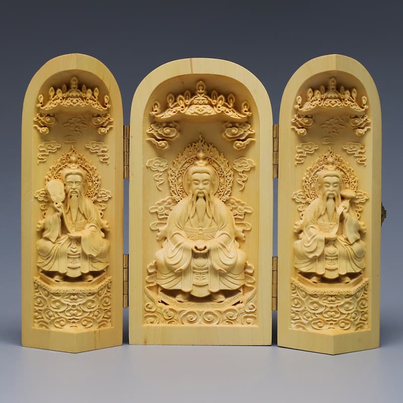 Boxwood carving portable niche three-open box ornaments Wooden statue Guanyin Western Three Saints handicrafts handpieces