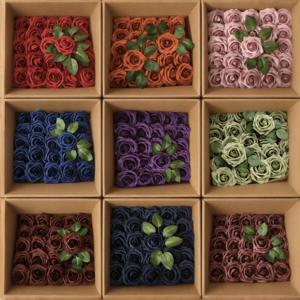 Factory wholesale 25pcs 8cm artificial roses with stems, bagged/boxed, PE calyx, foam head, wedding