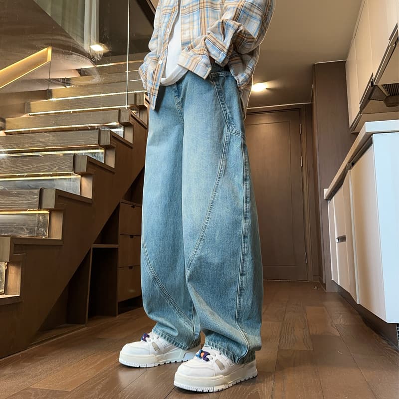 Curved Blade Washed Denim Jeans for Men Spring Autumn American High Street Youth Streetwear Loose Wide-Leg Straight Pants
