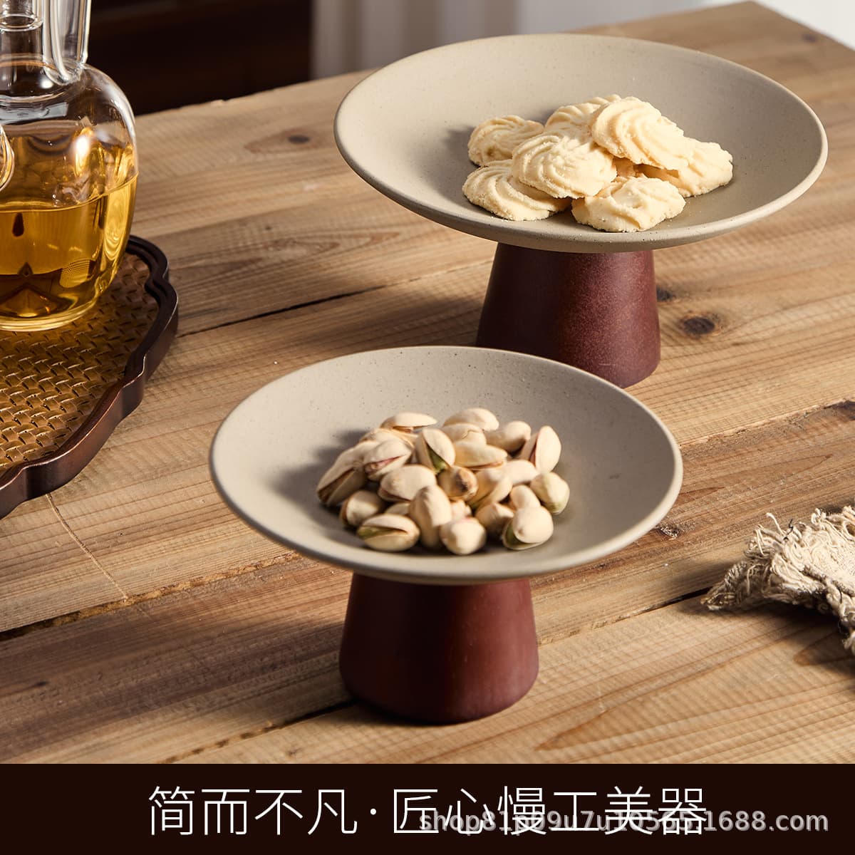 Creative Light Luxury Clay Tea Snack Plate, Home High-Foot Dim Sum Plate, Chinese-Style Dried Fruit Plate, Exquisite Pastry Plate, Snack Tray