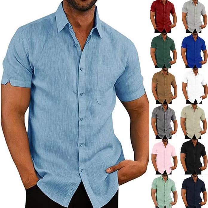 Amazon eBay Hot Selling Summer Turn-down Collar Button Men's Solid Color Short Sleeve Linen Shirt