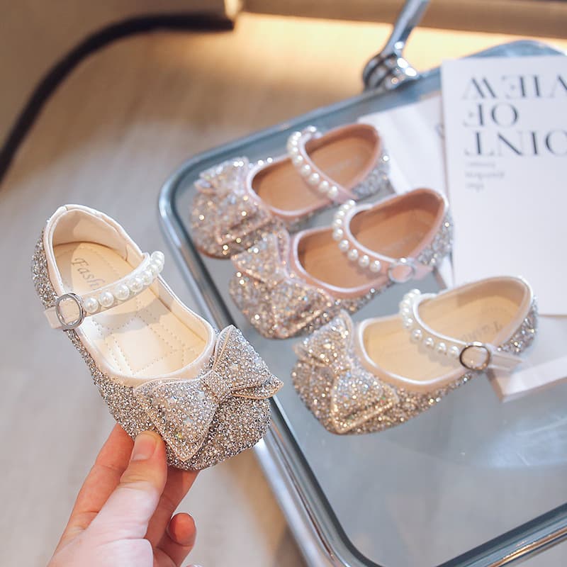 2022 New Fashionable Children's Bow Knee High Leather Shoes Rhinestones Soft Bottom For Girls Autumn Princess Shoes