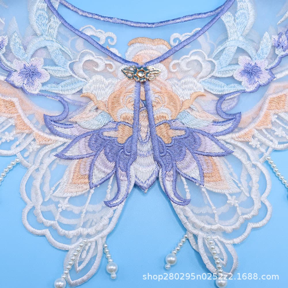 Purple and blue embroidery frog-button cloud-collar, butterfly-shaped beaded detachable collar, children's clothing collar accessories and trims.