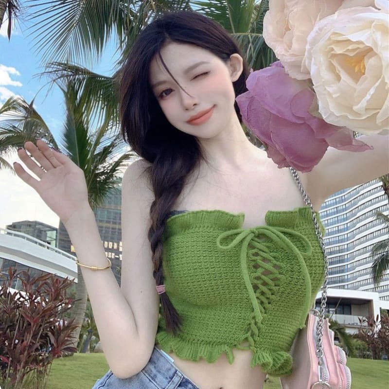 Gongyu Weng Summer Design Sense Niche Green Camisole Outerwear Sexy Vest Tube Top Inner Layer Sweet and Unique Top