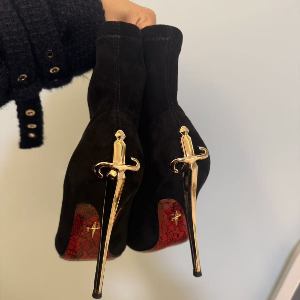 Women's Mature Style Queen Gold Dagger Scepter Ankle Boots High Heel Boots Red Sole Suede Pointed Toe Stretch Boots