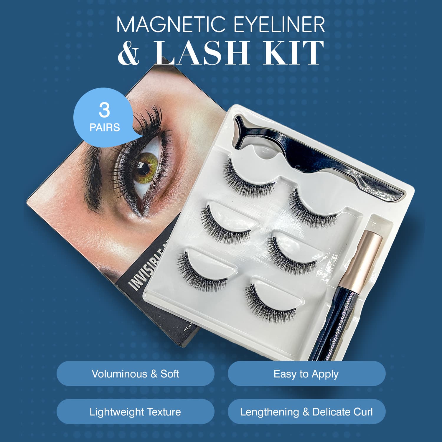 Multiple Invisible False Eyelashes 3-Pair Magnetic Eyelash Set 3D Eyeliner Lash Comfortable Soft