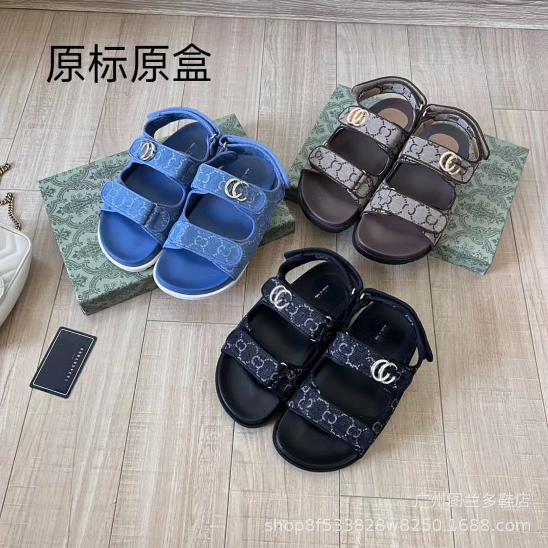 High Version 2025 Women's Cross-Border Export Style G-Letter Two-Strap Casual Flat Sandals with Velcro and Thick Sole, Versatile