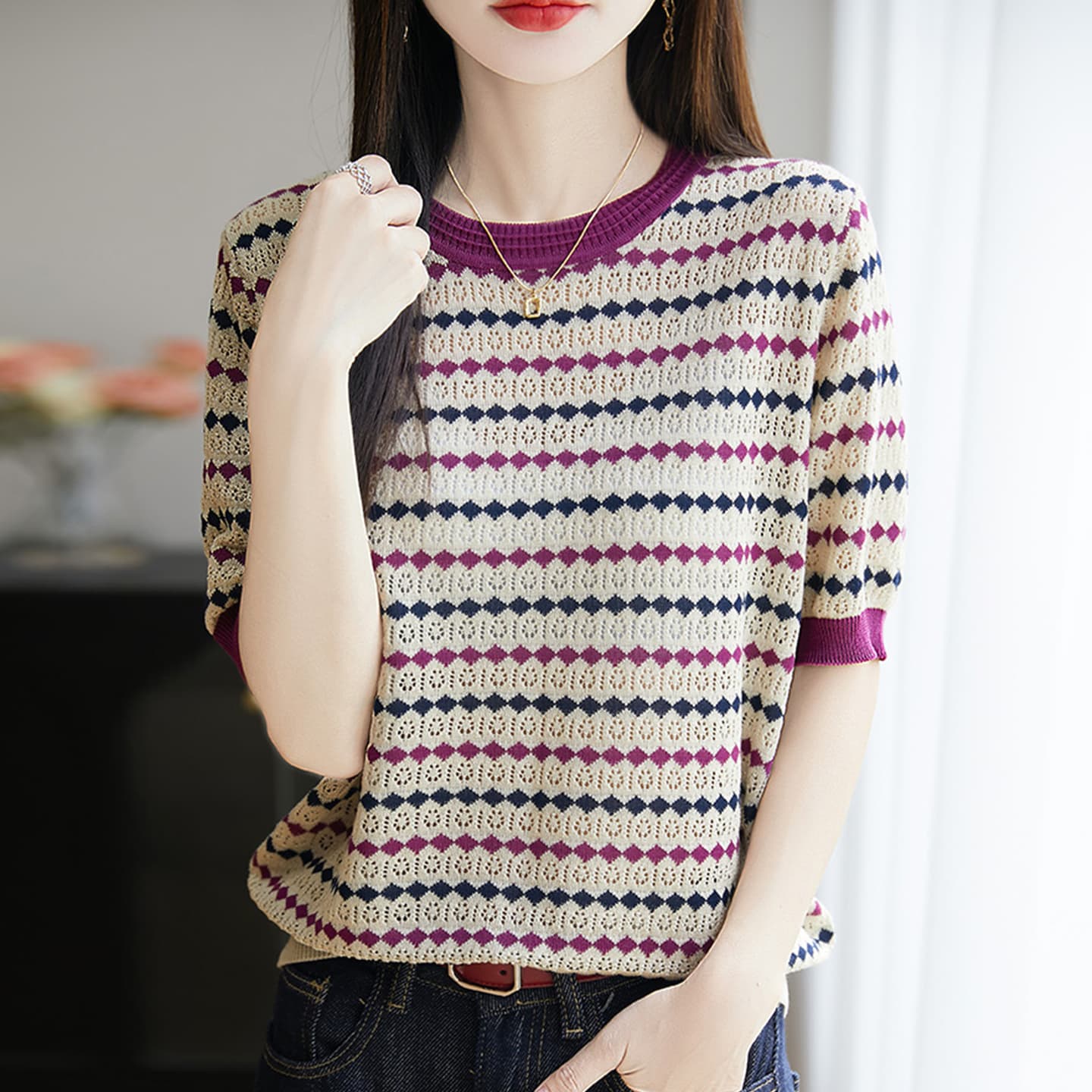 New Summer Striped Round Neck Short Sleeve Women's T-Shirt Knit Top, Cropped Hollow Jacquard Versatile Blouse