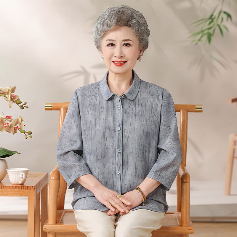 Ice Silk Blouse Cool Top Silk Shirt Middle-aged and Elderly Women's Summer Blouse Breathable Mulberry Silk