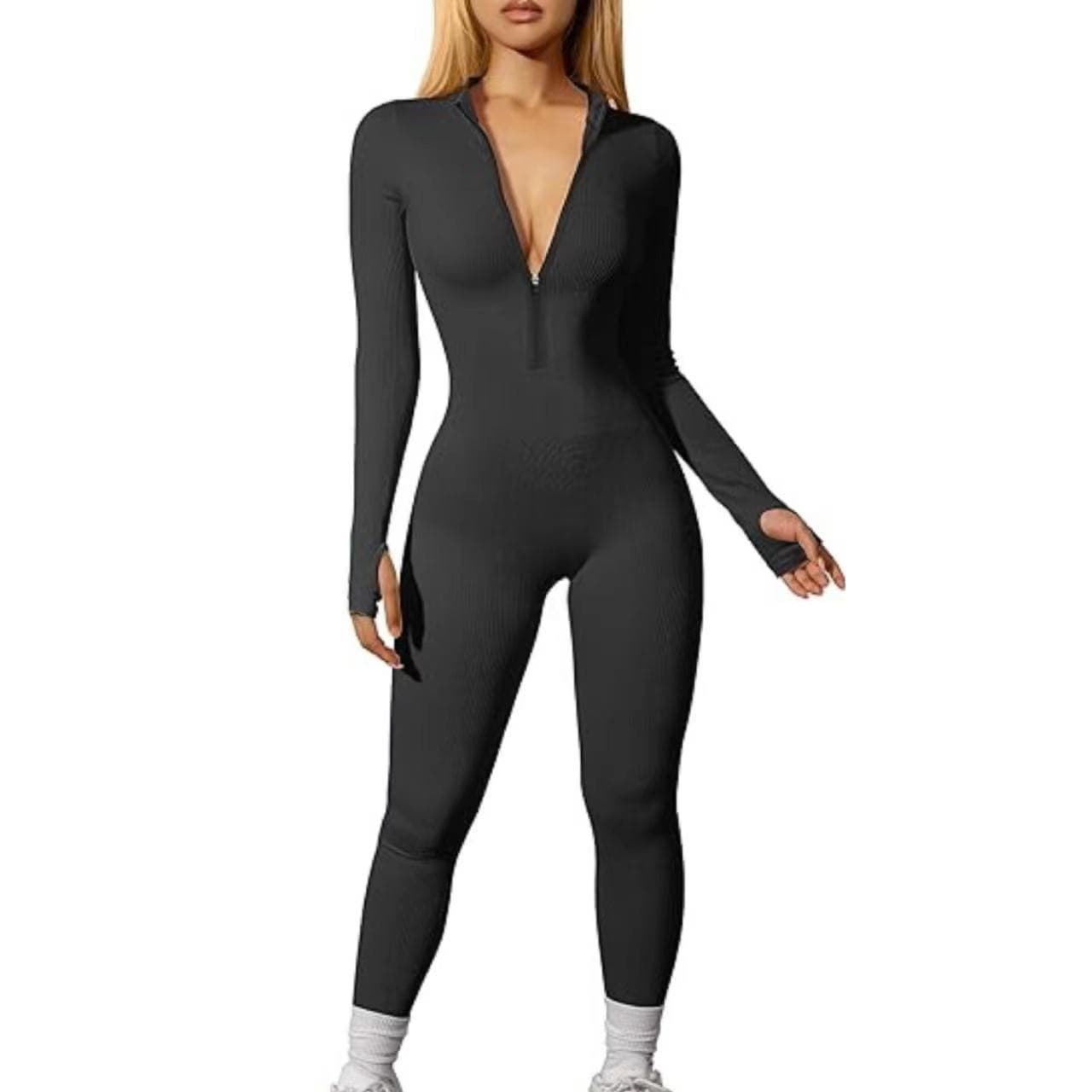 Women's Athletic Jumpsuit 2023 Cross-Border Fashion Ribbed Long Sleeve Zip Casual Romper Tight Fit Pants