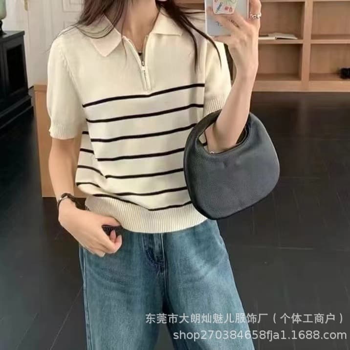 2026 Spring/Summer New Academic Style Turn-down Collar Half-zip Striped Knitted Short-sleeve Slim Fit High-end Sweater