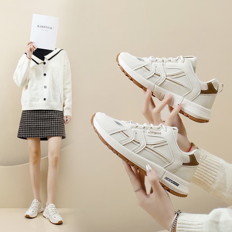 Casual Versatile Women's Running Shoes Spring Autumn Cross Lacing Color Block Leather Patchwork Flat Heel Comfortable Sports Sneakers