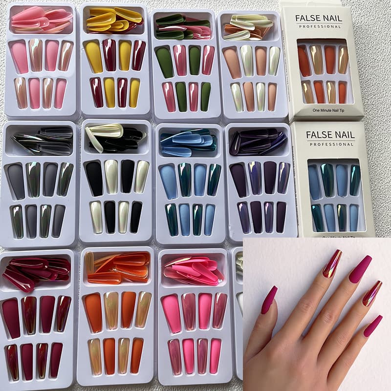 Nial Nail Tips Box Set Extra Long Ballet Style Color Blocking Matte Aurora Long T-Shape False Nails Finished Wearable Nails 24