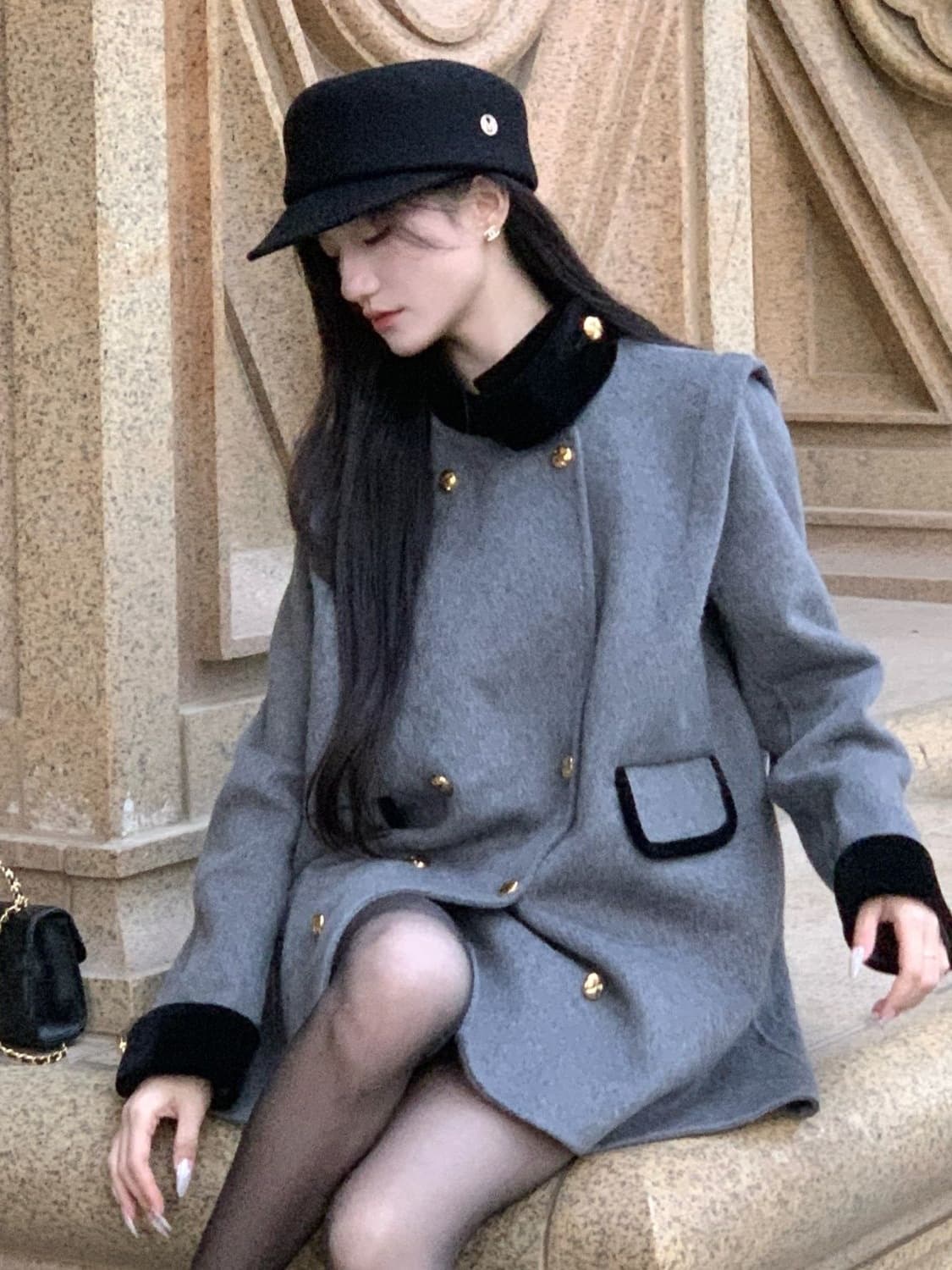 French Vintage Loose Stand Collar Double-Breasted Knight Chic Coat Contrast Color Fashion Light Luxury Outerwear
