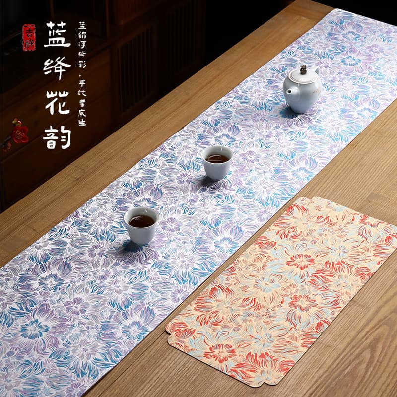 Chinese double-sided waterproof tea mat, blue flower charm high-end tea table waterproof runner fabric set