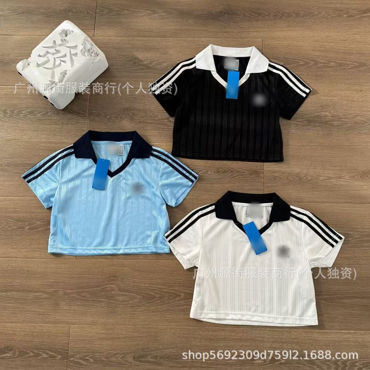 Clover Striped V-Neck Polo Collar Jacquard Cropped American Retro Jersey Short Sleeve Women's JD2608