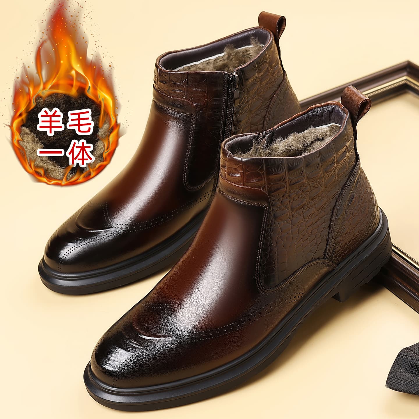 Genuine Leather Winter High-Top Business Formal Dress Shoes Men's Cotton Shoes, Real Leather Wool Warm Commuter Derby Cotton Boots
