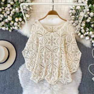 French Vintage Crochet Lace Long Sleeve Sun Protection Knit Top for Women, Summer Layering Versatile Loose Fitting Slimming Blouse