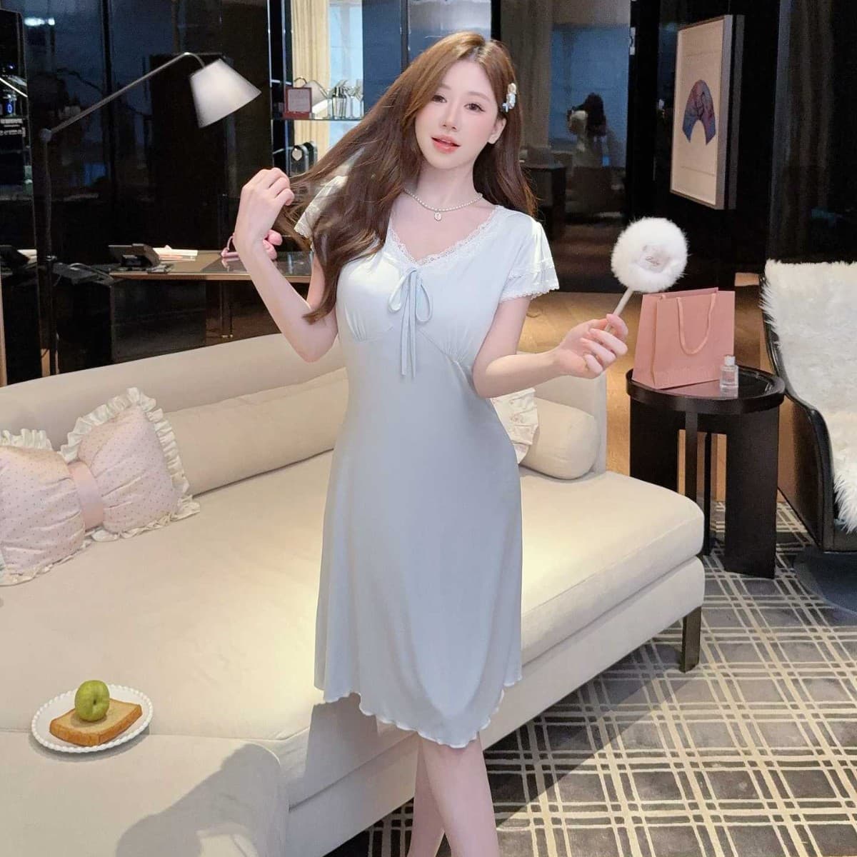 Women's Sleep Dress Summer Modal Cotton Lace Comfortable Sweet Style Wearable Short Sleeve Midi Dress Padded Homewear