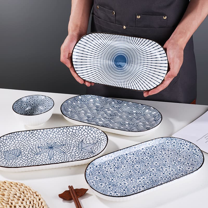 30cm Elliptical Fish Plate with Chinese Retro Pattern, Japanese Style Fish Plate, Creative Dumpling Plate, Yamada-yaki Egg-shaped Fish Plate