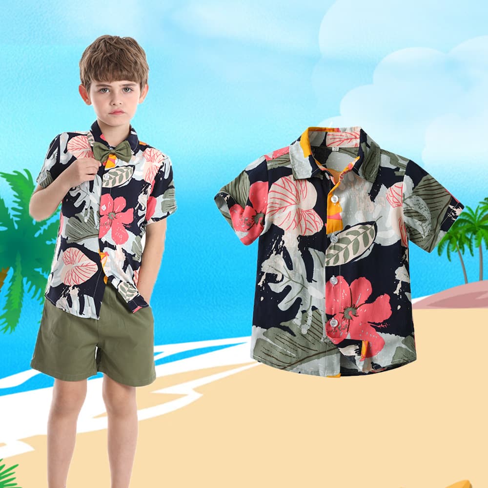 European and American cross-border children's clothing, father and son vacation outfits, new family of three beach style short-sleeved boys' shirts, floral shirts