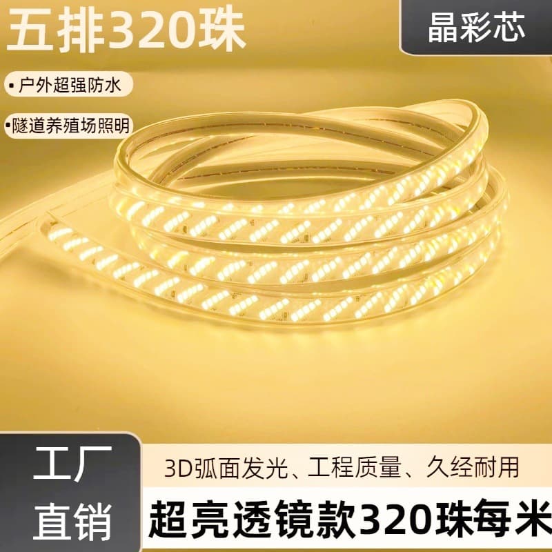 High-voltage LED light strip with oblique 5 rows of 320 beads super bright lens waterproof engineering outdoor indoor lighting waterproof light strip