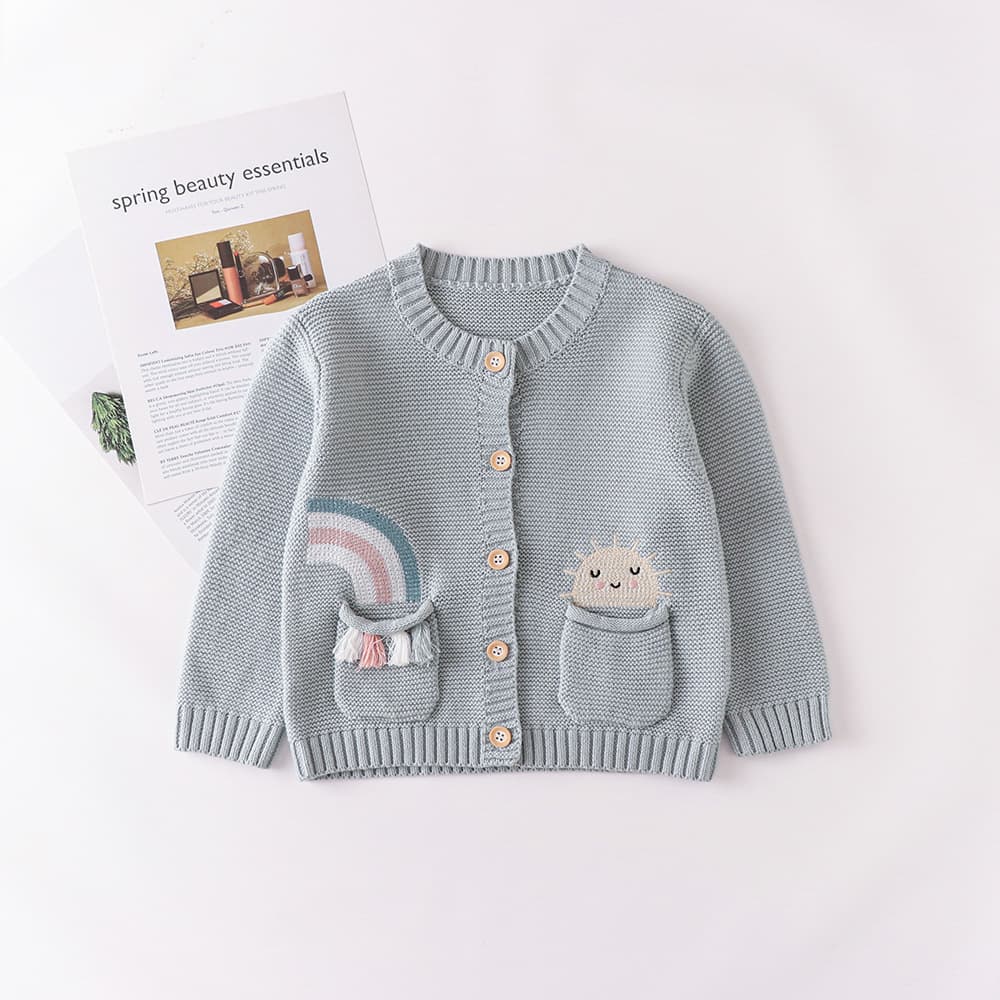2025 Fall Baby & Toddler Rainbow Embroidery Pattern Round Neck Cardigan Cotton Knit Cute Double Pocket Style