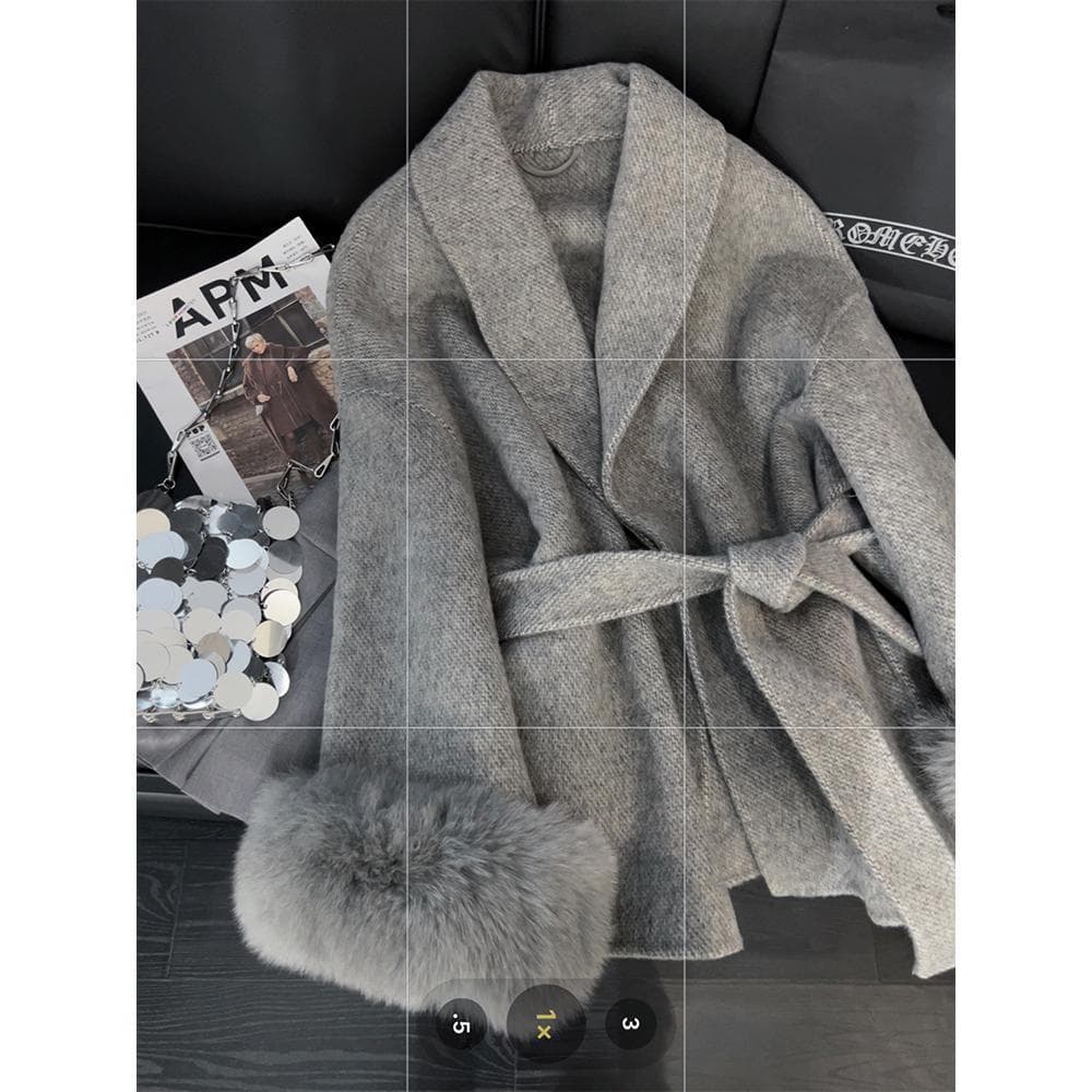 Women's Winter Cape Coat in Gray, Premium Double-Faced Wool with Fur-Trimmed Sleeves, Belted Waist Woolen Coat