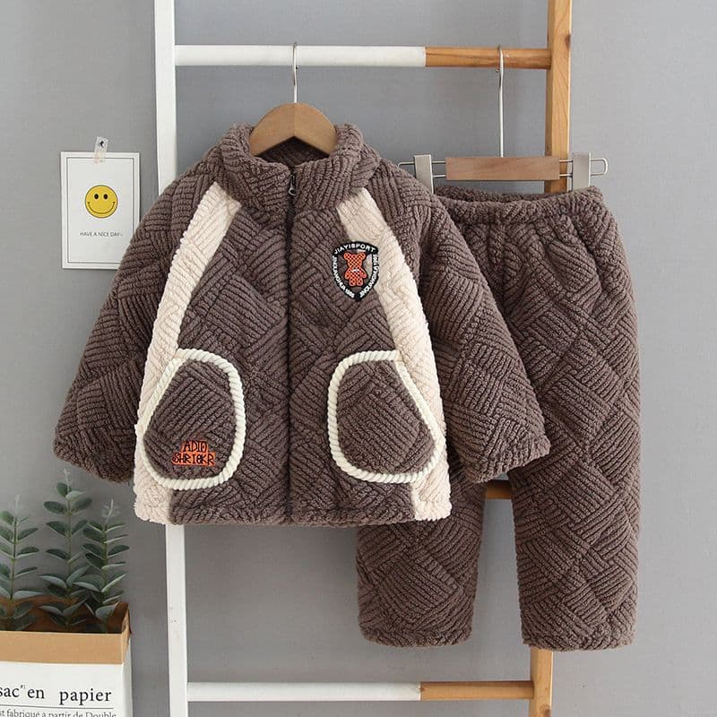 Kids' Pajamas Boys Winter Thickened Coral Fleece Zipper Quilted Girls' Older Kids Warm Homewear
