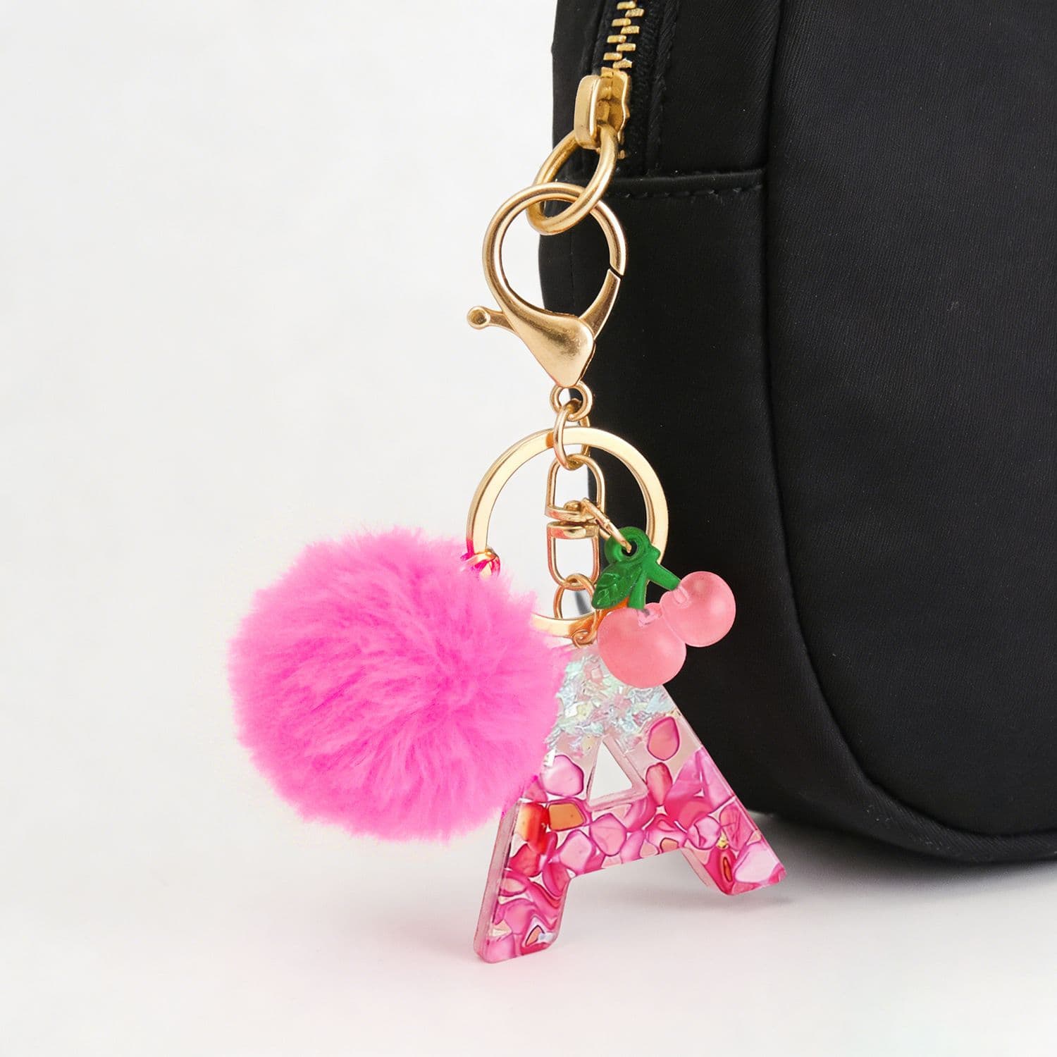 Cross-border Cherry Rose Red Fur Ball Initial Keychain Epoxy Resin Letter Keychain Women's Bag Pendant