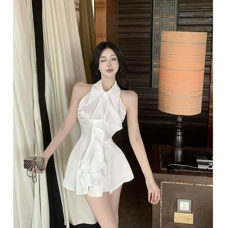Official picture, actual price, ruffled sleeveless shirt top, women's summer French style mid-length waist slim shirt