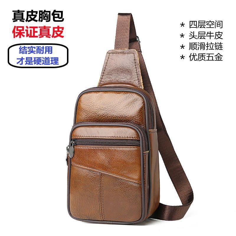 Genuine Leather Chest Bag Men's Crossbody Bag Top Layer Cowhide Single Shoulder Small Bag Outdoor Sports Casual Large Capacity Chest Pack