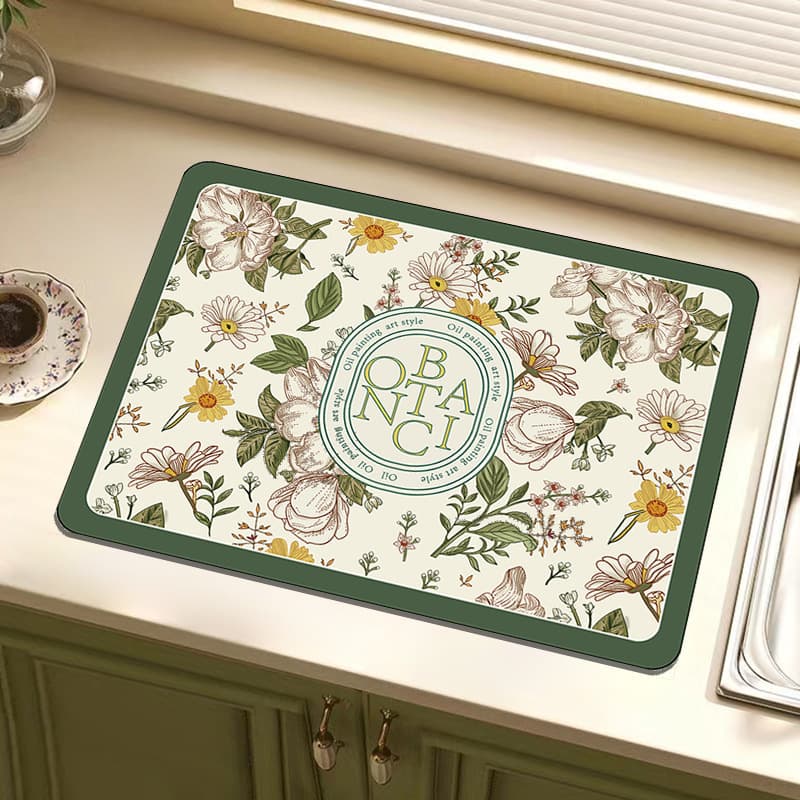 Hot-selling Retro Floral Diatomite Kitchen Drying Mat Household Kitchen Table Mat Non-slip Water-absorbing Quick-drying Countertop Mat