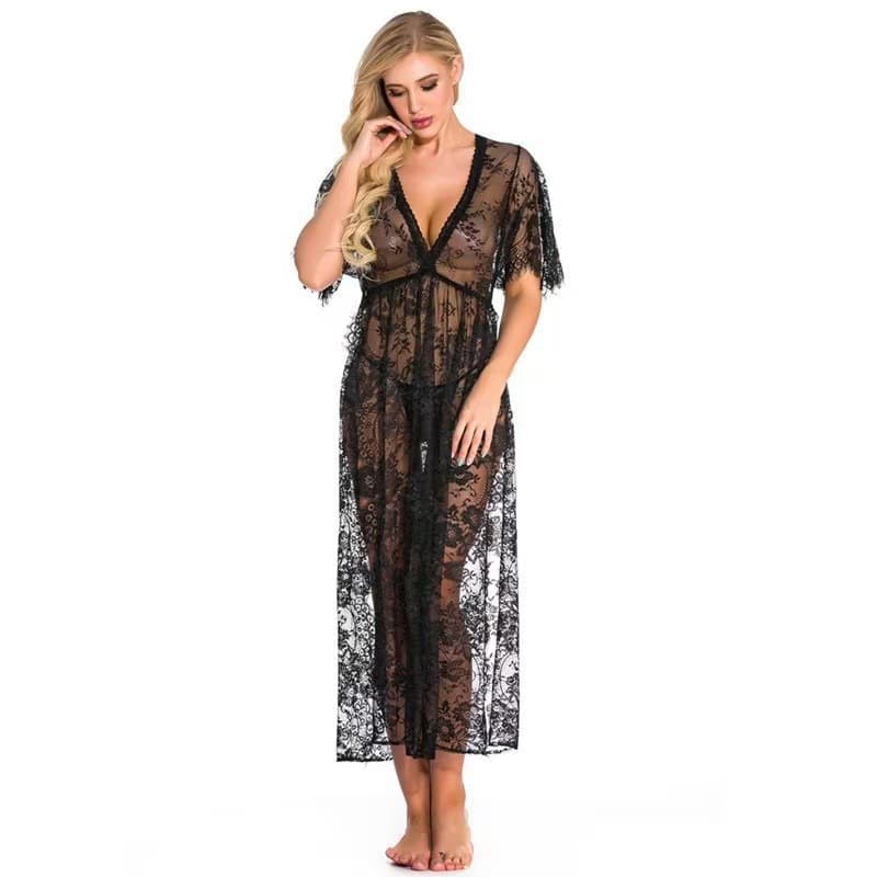 European and American Beach Sun Protection Dress Lace Long Skirt White Hollow Cutout Split Fairy Dress In Stock