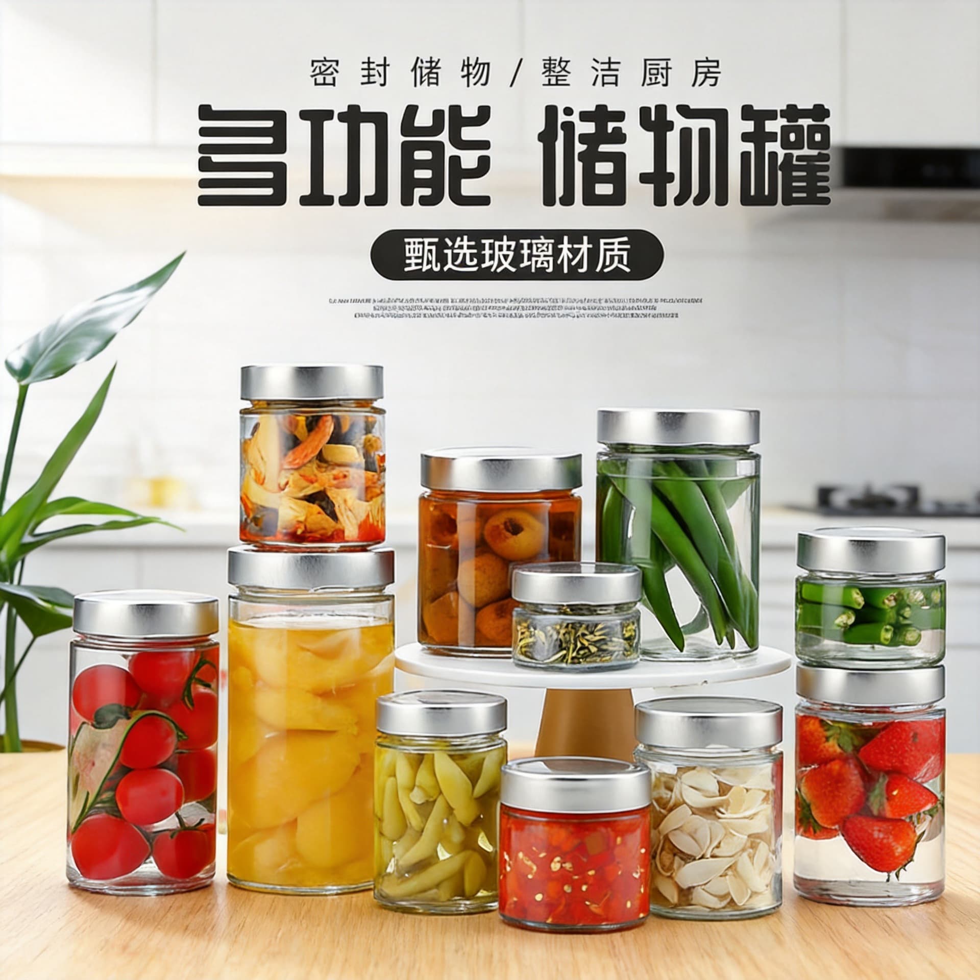 Glass pickle bottle with high lid, round jam bottle, transparent chili sauce storage jar, yellow peach can, empty bottle, horse mouth