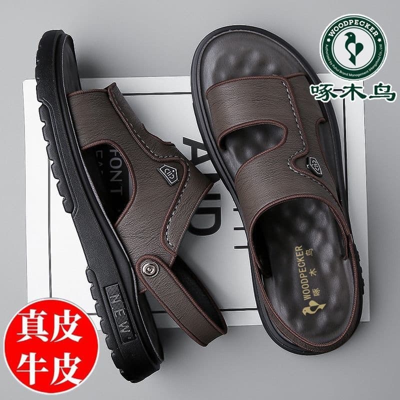 Woodpecker Men's Sandals Summer New Genuine Leather Cowhide Beach Shoes Soft Sole Non-slip Casual Outdoor Sandals