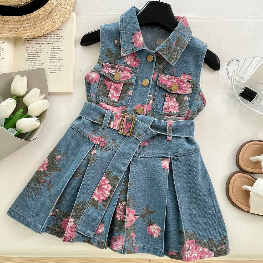 New Summer Girls Denim Dress Retro Print Sleeveless Waist-Cinching Vest Dress Kids Casual Children's Dress Drop Shipping