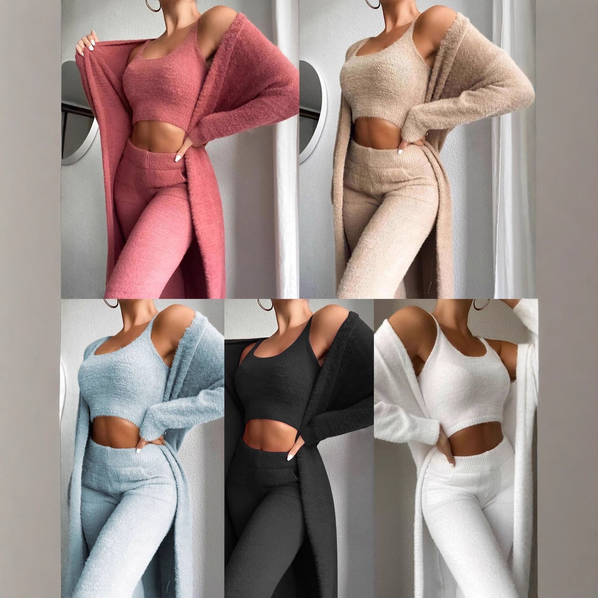 Sexy European And American V-neck Plush Short Vest Pants Three-piece Set Women's Fashionable Casual Outfit Cotton Blend Fabric