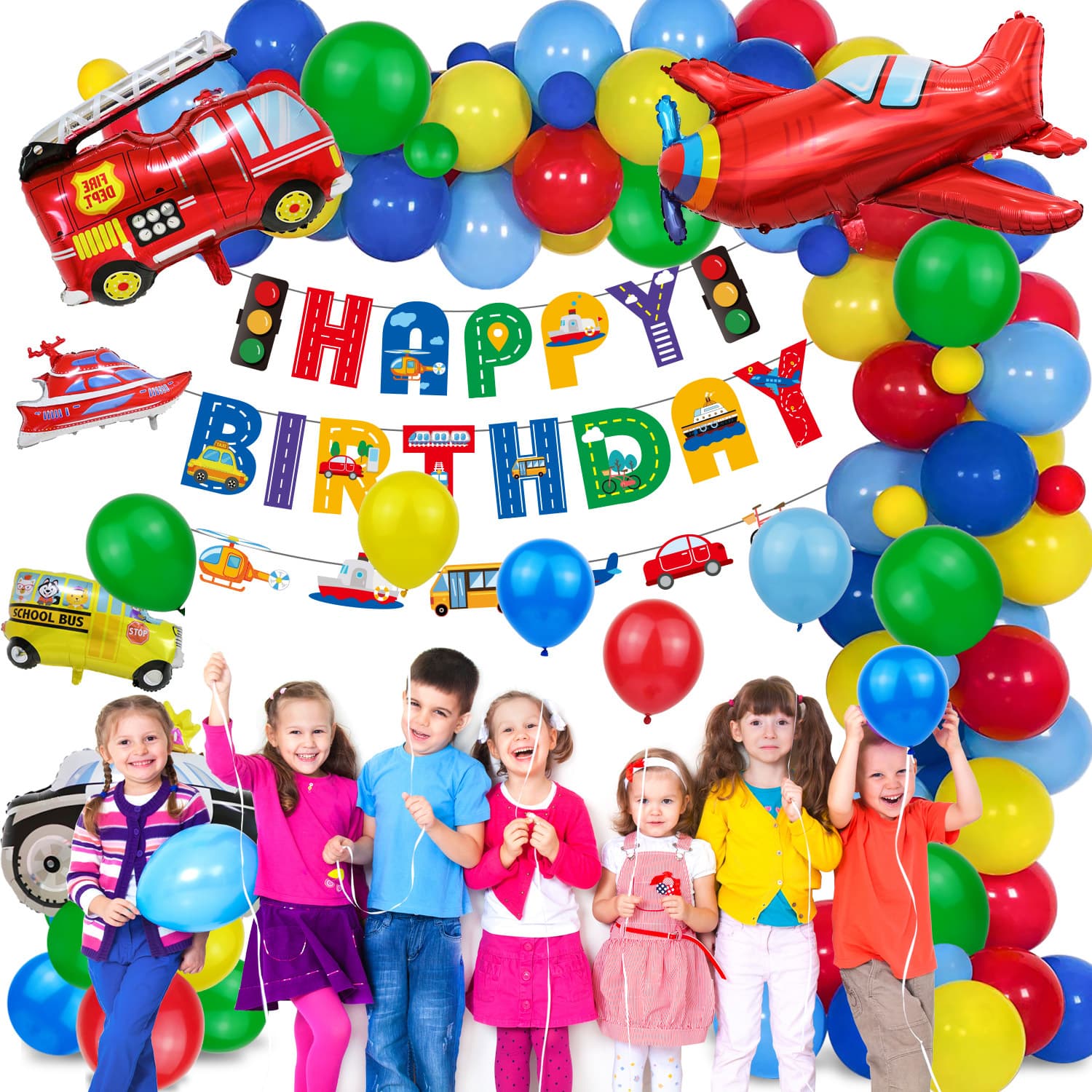 Transportation Theme Birthday Party Decoration Set Balloons Banners Cake Toppers