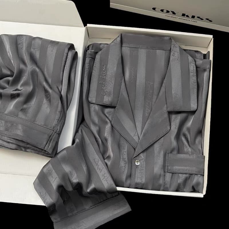 【Collar Embroidery】Men's Pajamas Simple Jacquard Pajamas Ice Silk Silk Embroidery Premium Long Sleeve Homewear