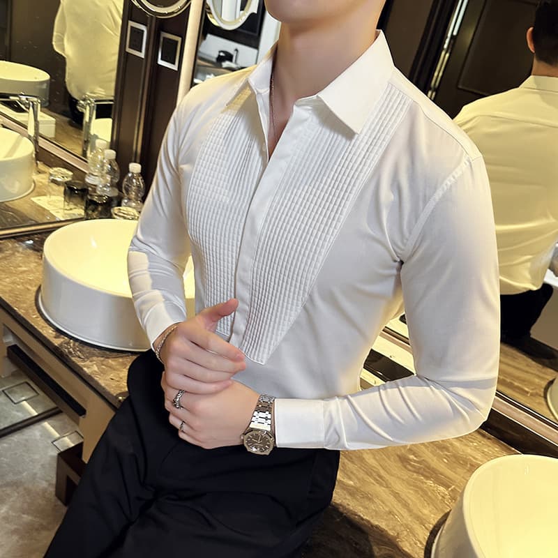 New Trend Men's Tuxedo Shirt for Groom Wedding Long Sleeve Patchwork Design Casual