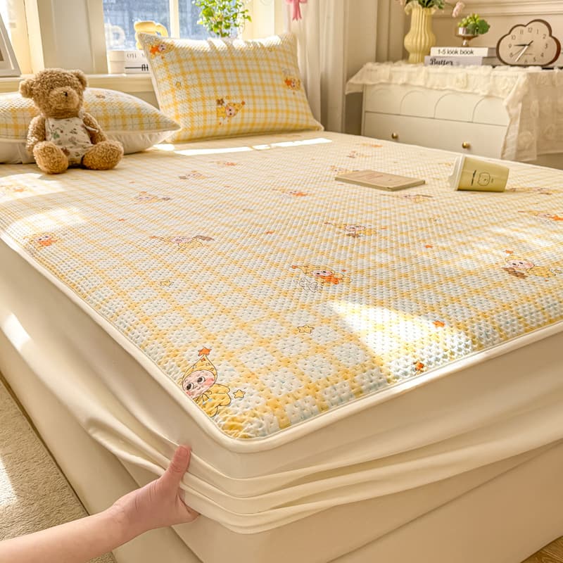 Cartoon Thickened Washed Cotton Quilted Fitted Sheet Single Piece Four-Season Children's Bed Cover Full Wrap Mattress Protector Three-Piece Set