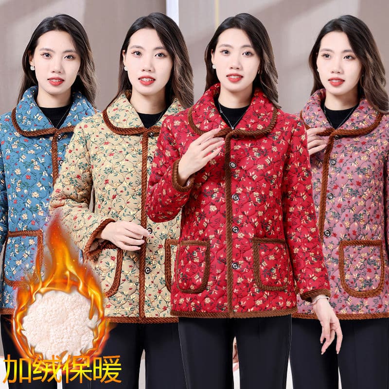 Middle-Age & Elderly Women's Cotton Coat Stylish Fleece-Lined Thickened Floral Mom Large Size Cotton Jacket Grandma Warm Cotton Coat Outerwear Elegant