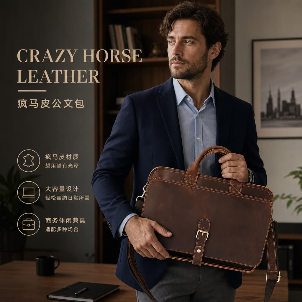 European and American new retro crazy horse leather men's briefcase business trip commuting large capacity computer bag shoulder bag for men