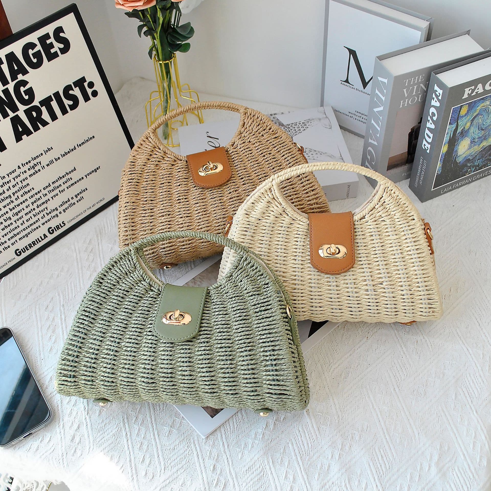 Single Shoulder Straw Woven Bag, Niche Handbag, Vacation Beach Bag, Korean Style Straw Bag, Crossbody Women's Bag, Holiday Bag