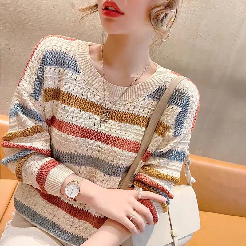 Striped Knit Sweater Women Autumn Winter 2023 Loose Contrast Color Batwing Sleeve Top Rainbow Stripe Long Sleeve Hollow Thin Sweater