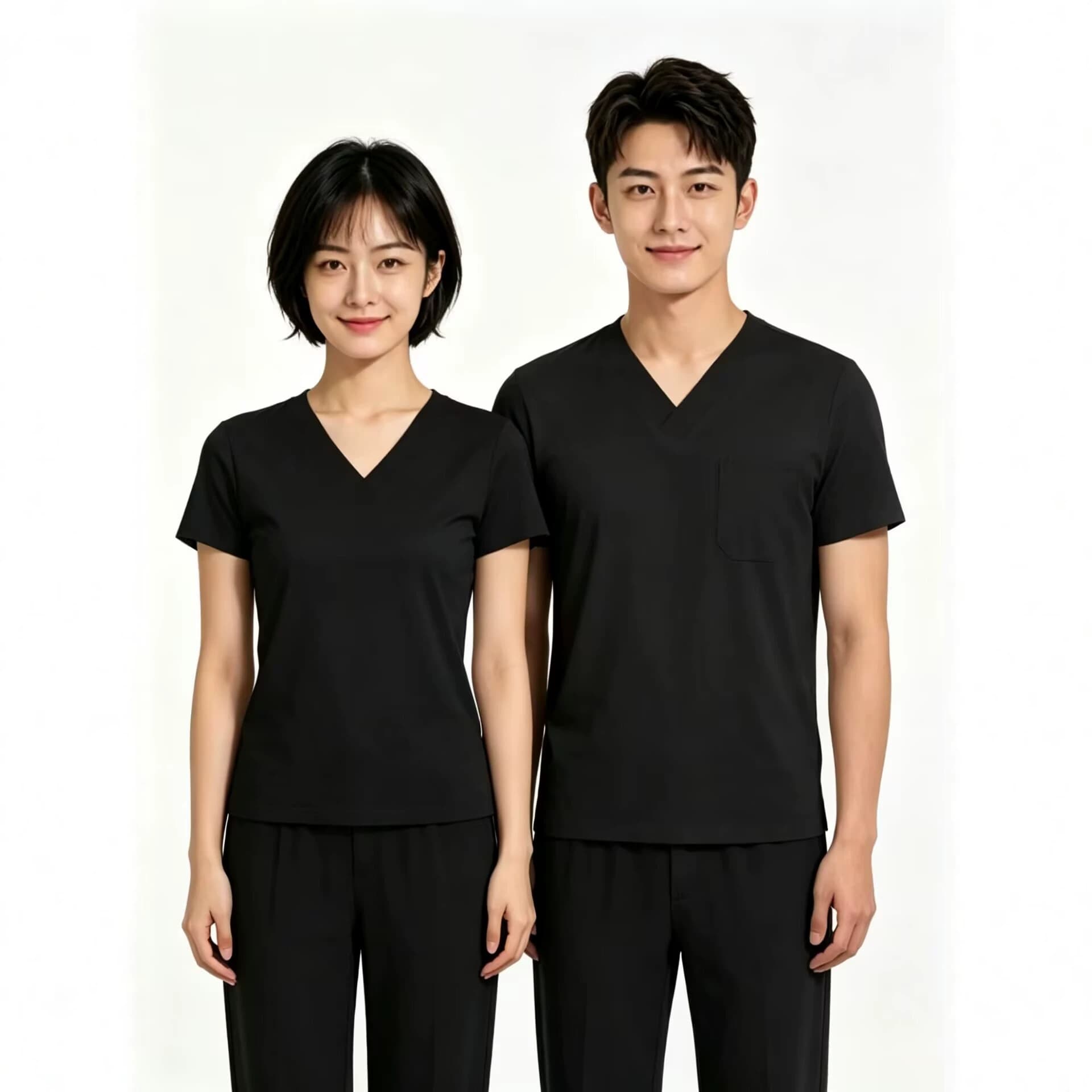 Elastic Ice Silk Quick-Dry Workwear Set for Washing Hands, Medical Beauty, and Dental Use, Women's Summer Short-Sleeve Black Scrub Suit